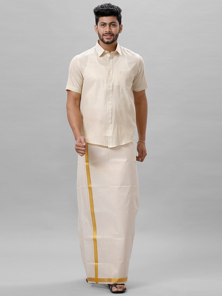 Mens Single Gold Tissue Dhoti with Jari 3/4" Extreme Gold-Full view