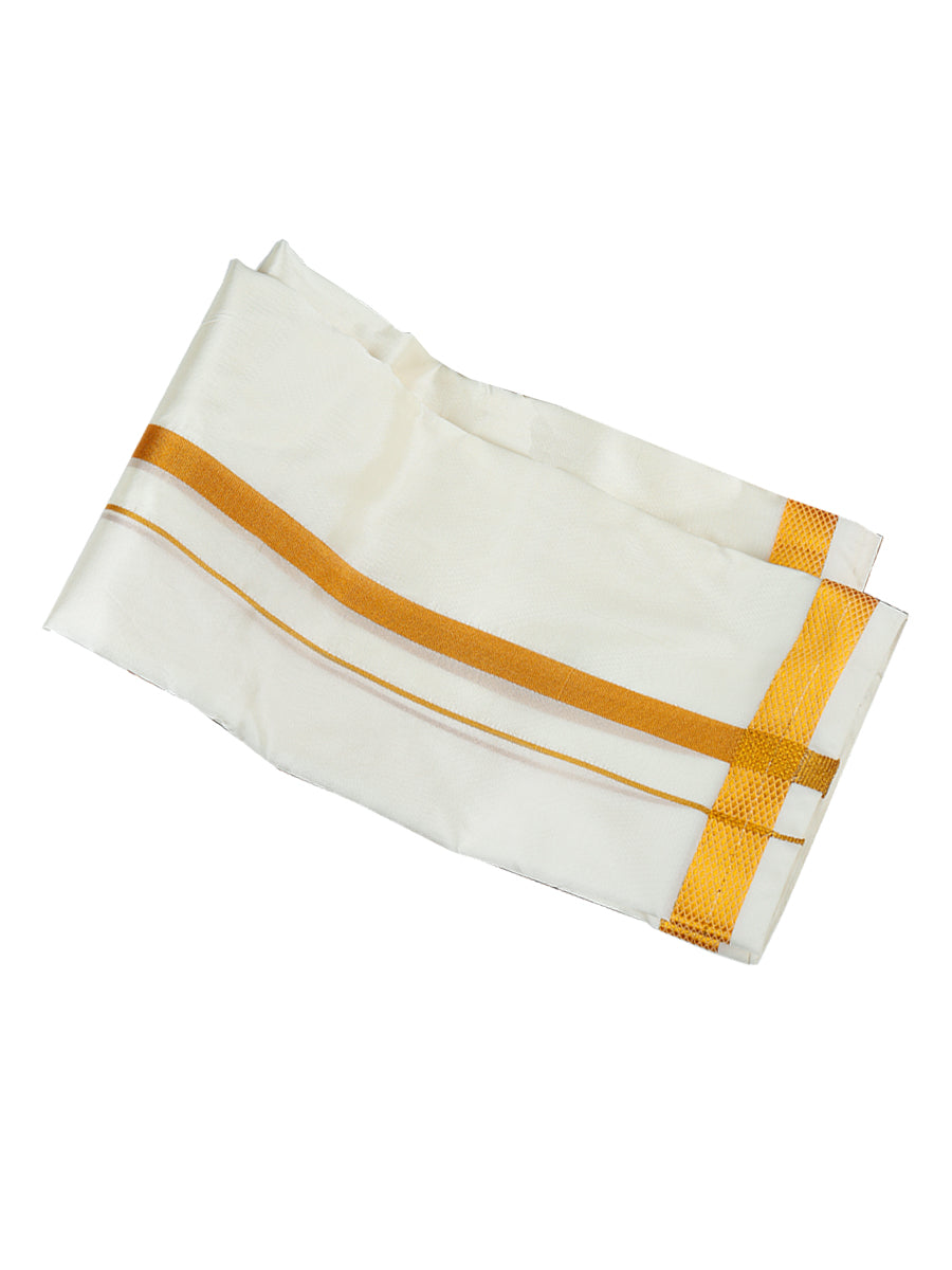 Mens Cream Double Dhoti +Towel Set with Gold Jari Amirtha Yoga 3/4-View four