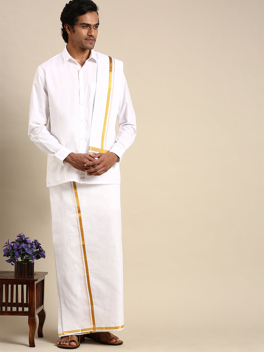 Mens Combo Set White Dhoti,Shirt Bit&Towel 1/2" Gold Jari Vaisant-Front view