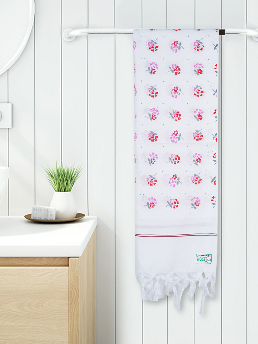 Cotton white Diamont Print Bath Towel-Length view