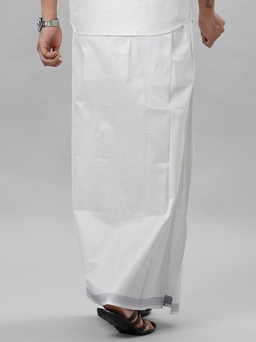 Mens Readymade Tissue Single Dhoti with Jari Border Viceroy Silver-Back view