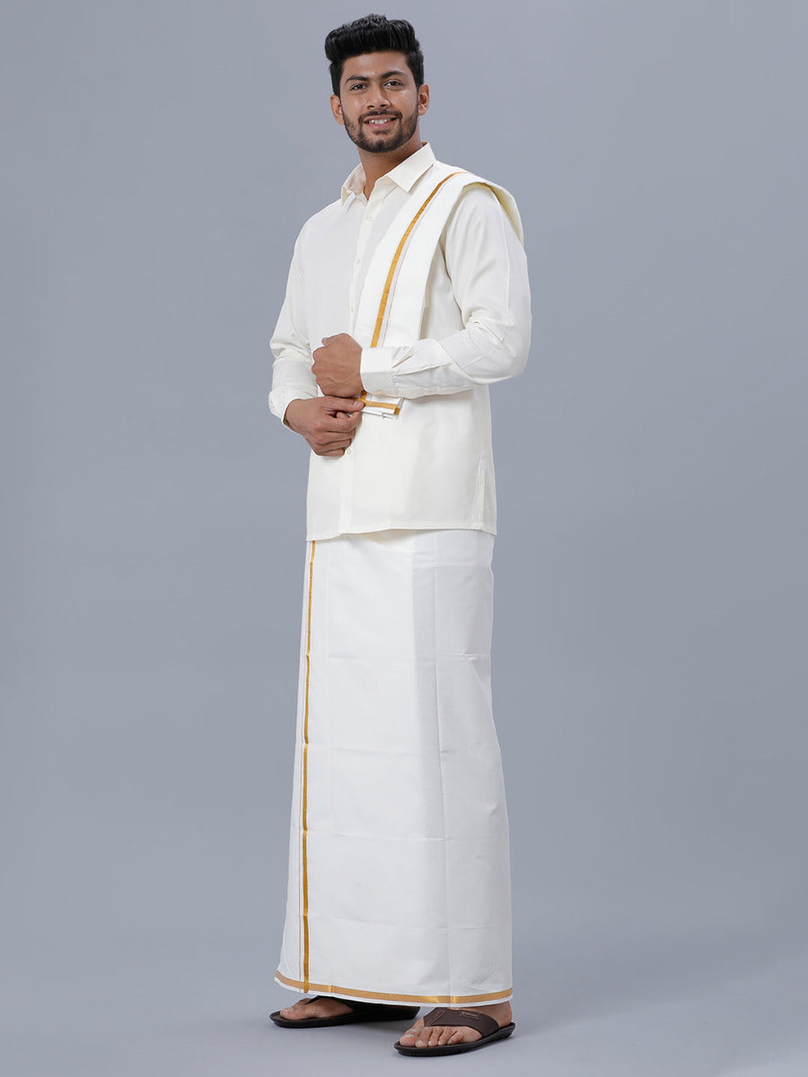 Mens Cream Full Sleeves Shirt 1/2" Gold Jari Double Dhoti+Towel+Belt Combo-Side alternative view