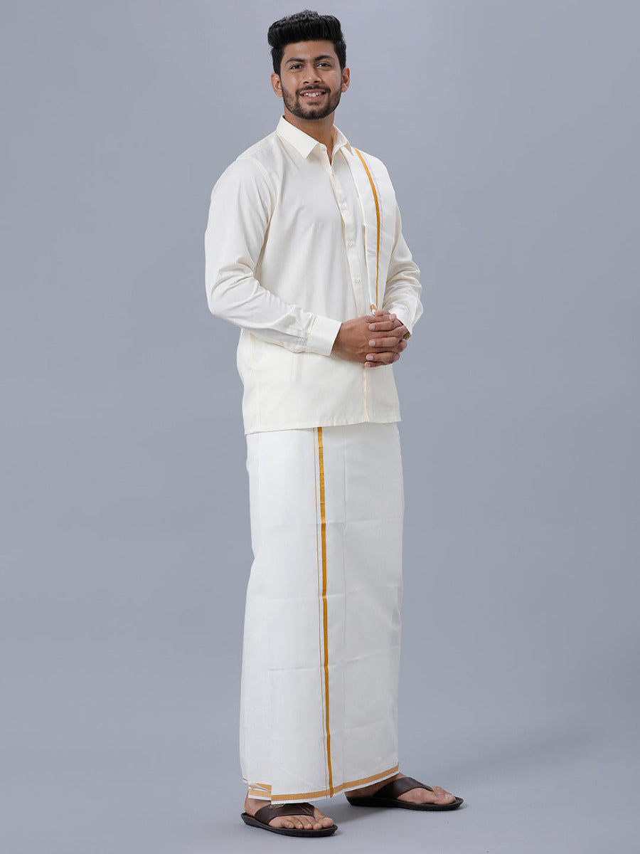 Mens Cream Full Sleeves Shirt 1/2" Gold Jari Double Dhoti+Towel Combo-Side view