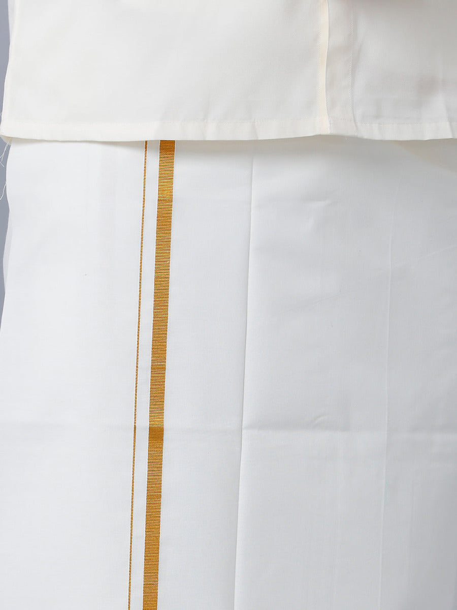 Mens Cream Full Sleeves Shirt 1/2" Gold Jari Double Dhoti+Towel+Belt Combo-Bottom view