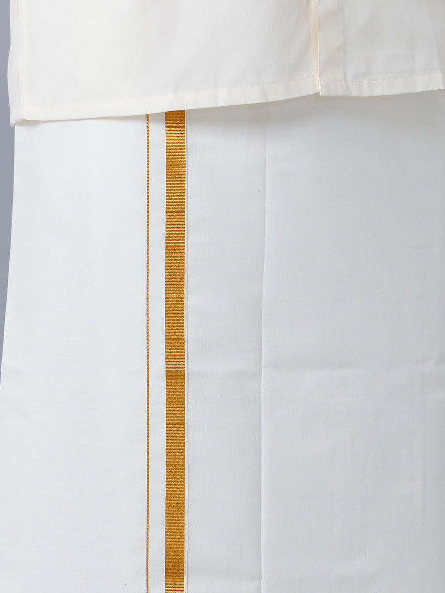 Mens Cream Cotton Full Sleeves Shirt with Gold Jari 1/2" Double Dhoti Combo-Bottom view