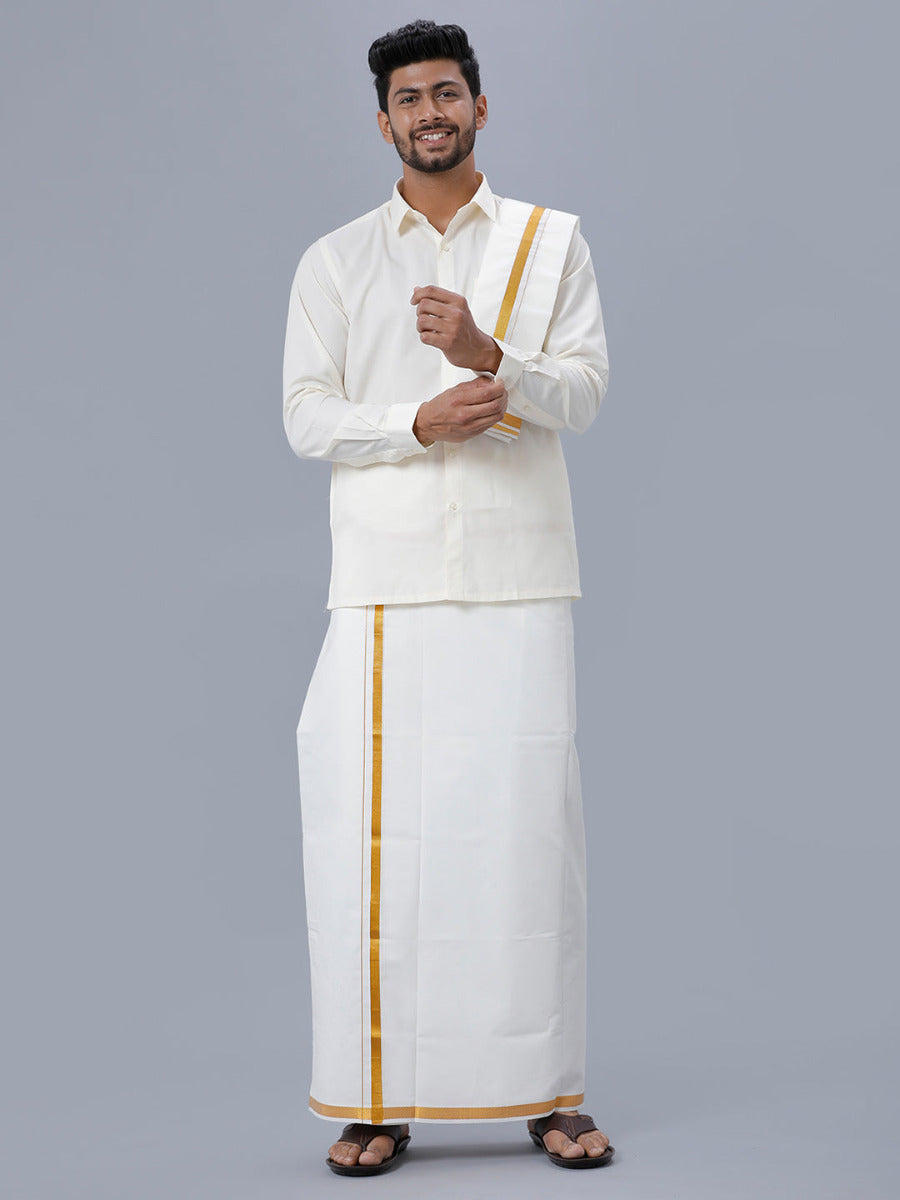 Mens Cream Full Sleeves Shirt 1/2" Gold Jari Double Dhoti+Towel Combo