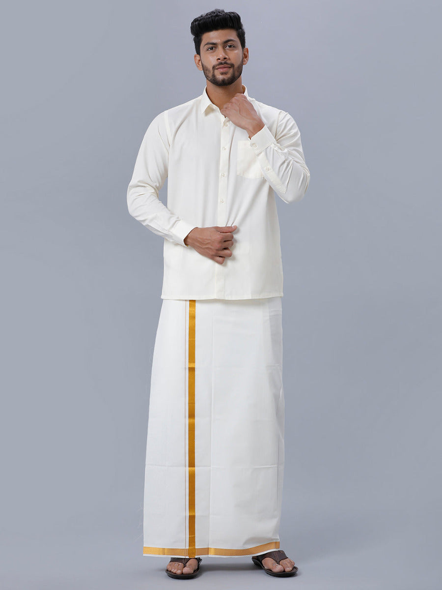 Mens Cream Cotton Full Sleeves Shirt with Gold Jari 3/4" Double Dhoti Combo