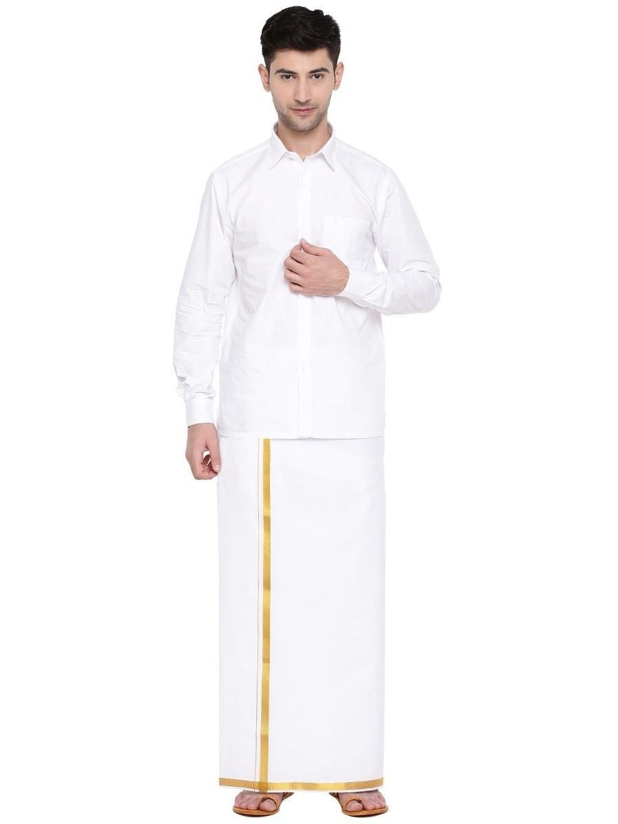 Mens Single Dhoti white with Gold jari 3/4" Silver Sun-Front view