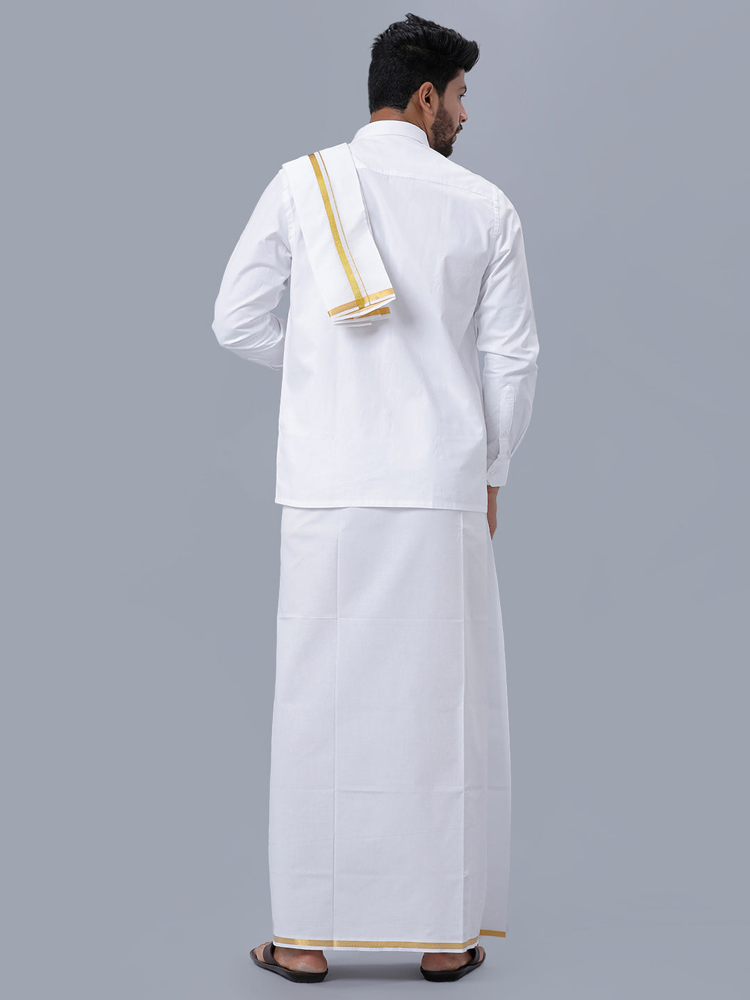 Mens 100% Cotton White Full Sleeves Shirt with 1/2''Jari Single Dhoti+Towel Combo-Back view