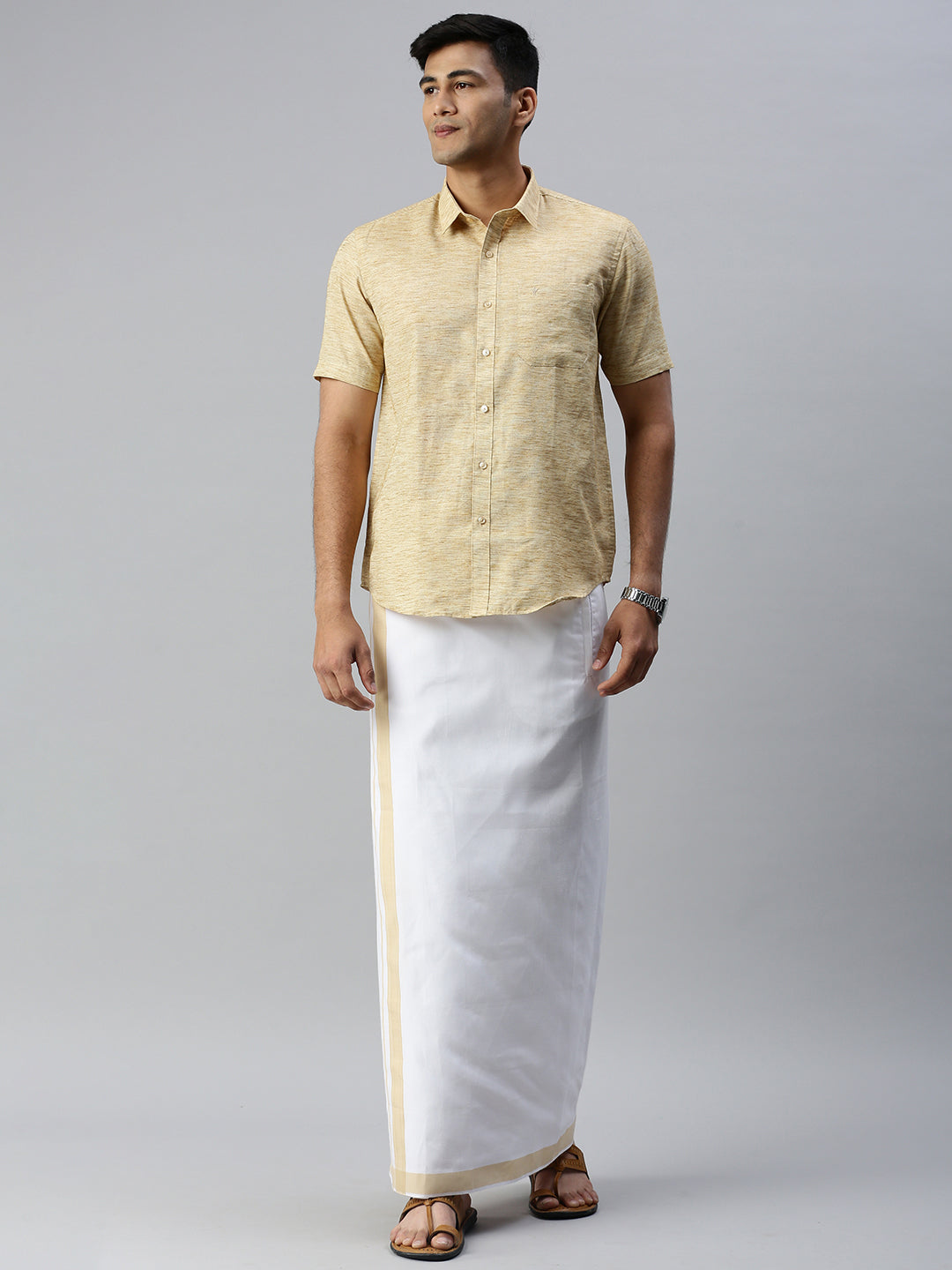 Mens Matching Border Adjustable Dhoti & Half Sleeves Shirt Set CC1