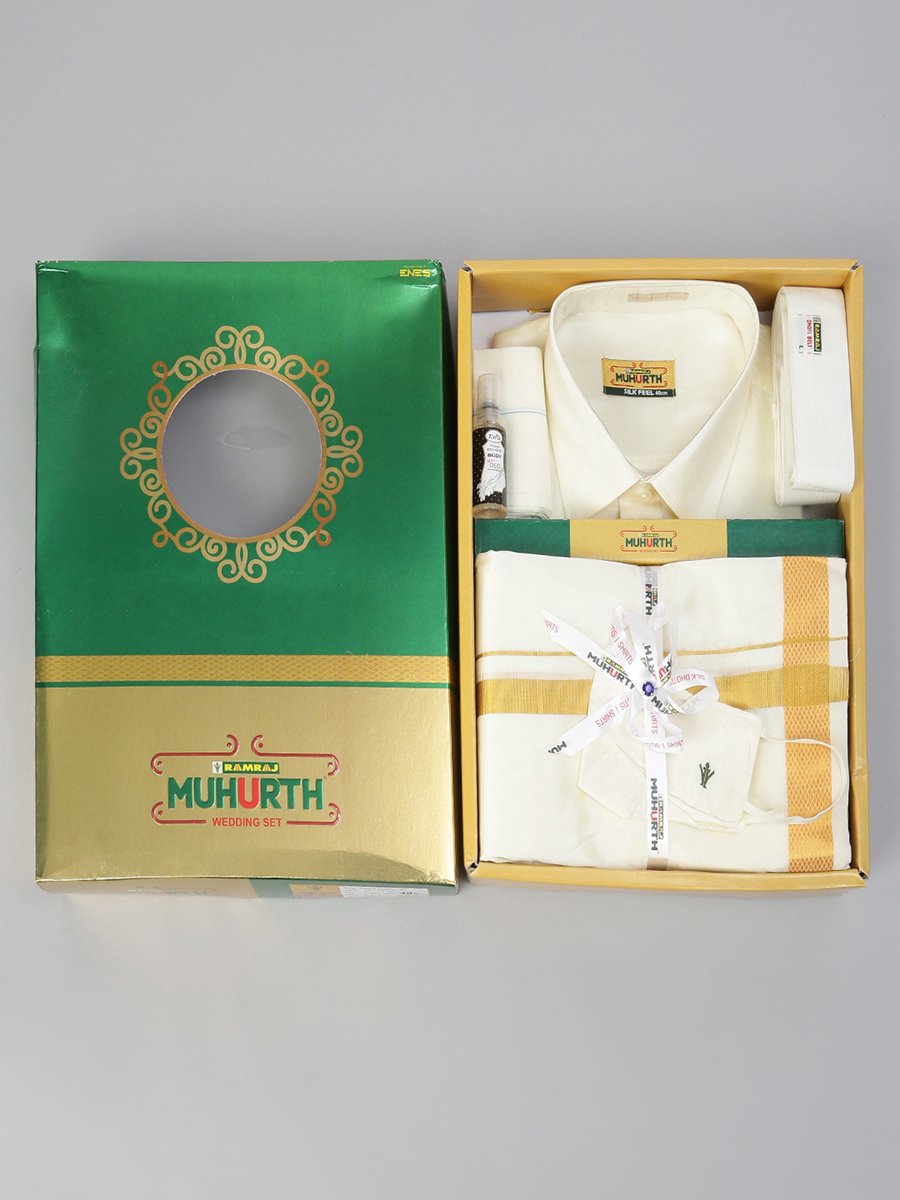 Mens Silk Cream Wedding Set 1 1/2" Dhoti+Towel+Shirt Subha Vaibhavaa-Ad vert