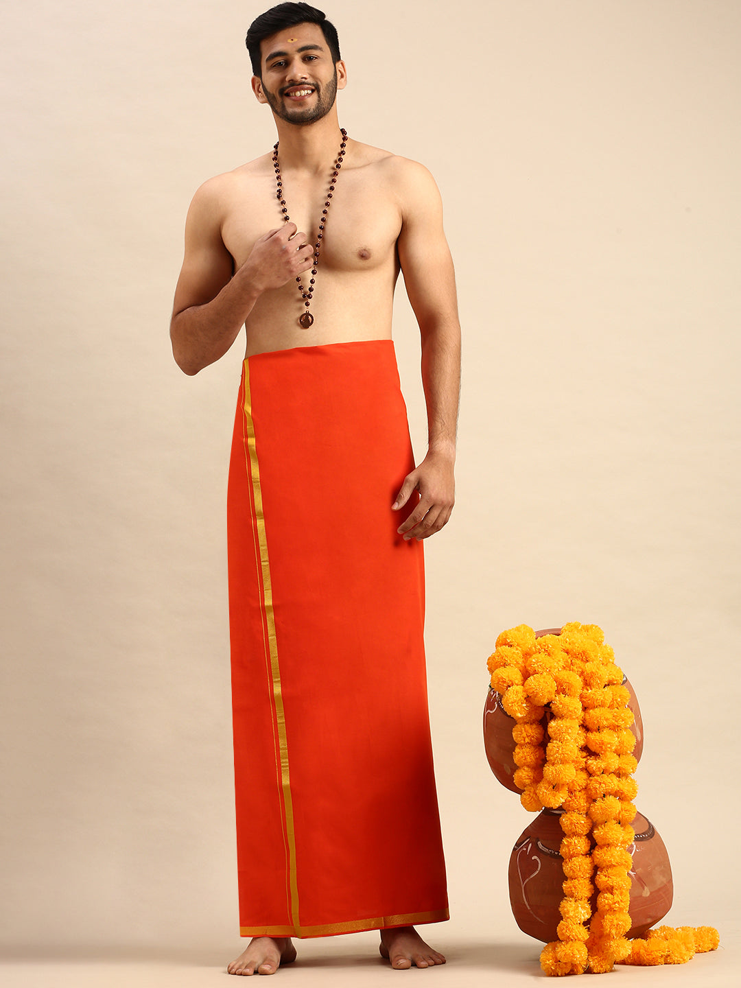 Mens Color Dhoti with 3/4" Gold Jari Border Cosmic-Front view