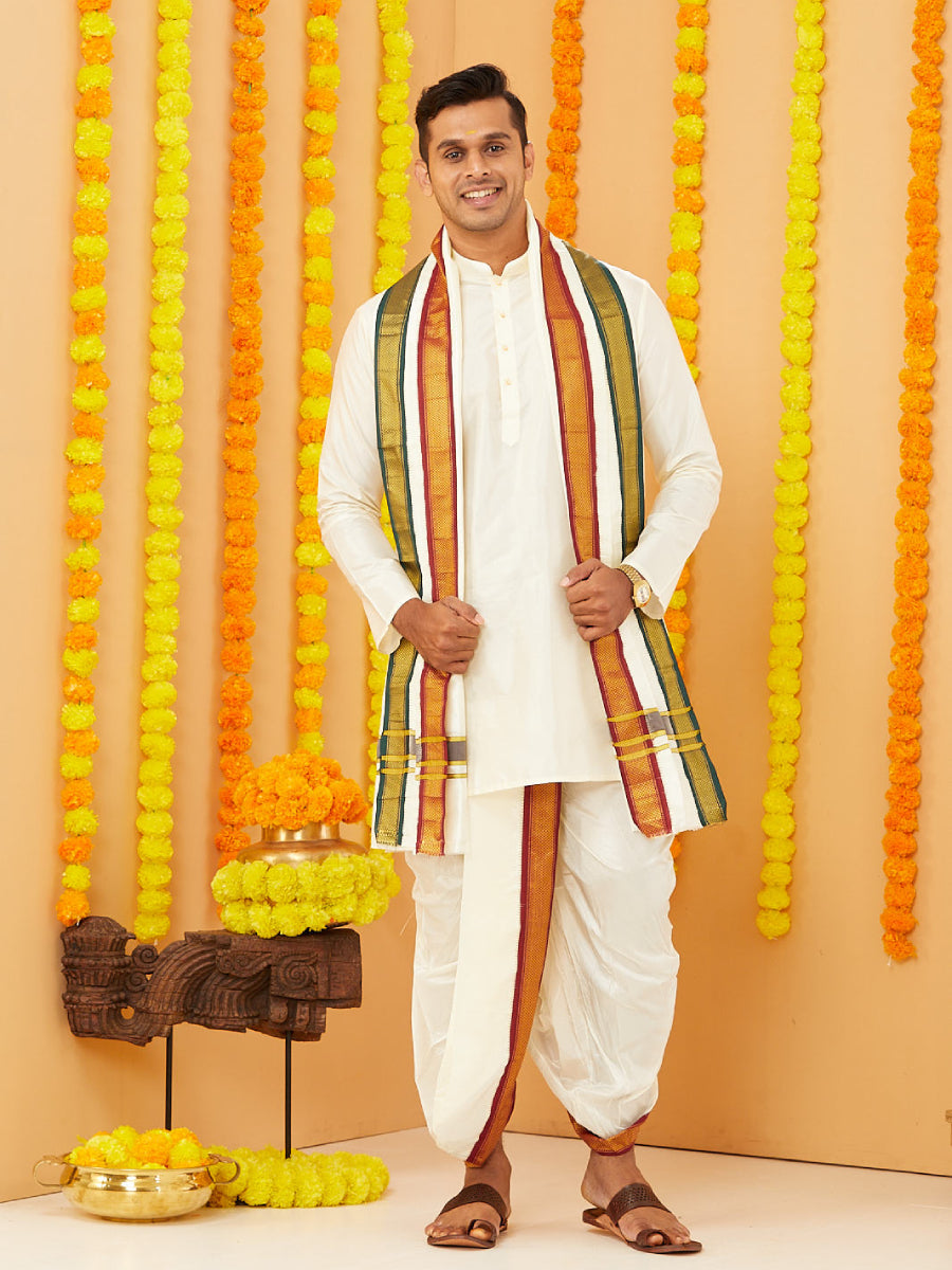 Men Pure Silk Cream Mayilkhan Border Panchakacham & Towel Set (9+5) Thirukalyan 5K
