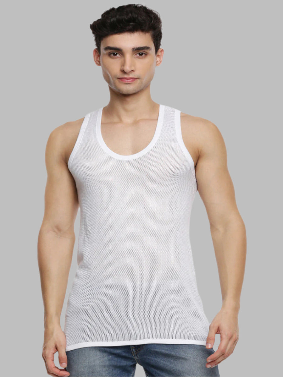 Mens Fine Cotton White Netted Banian Breeze (2 PCs Pack)