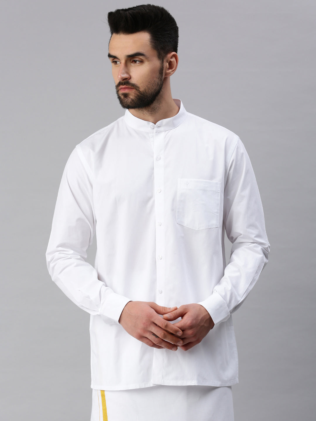 Mens 100% Cotton White Shirt Full Sleeves Plus Size Chinese Collar