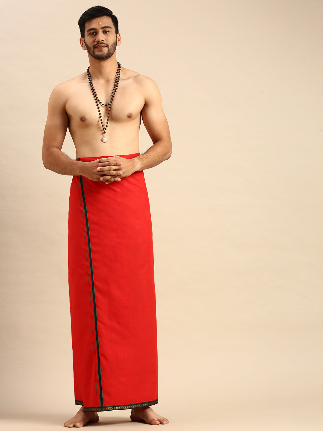 Mens Color Dhoti with Big Border Mercury Red
