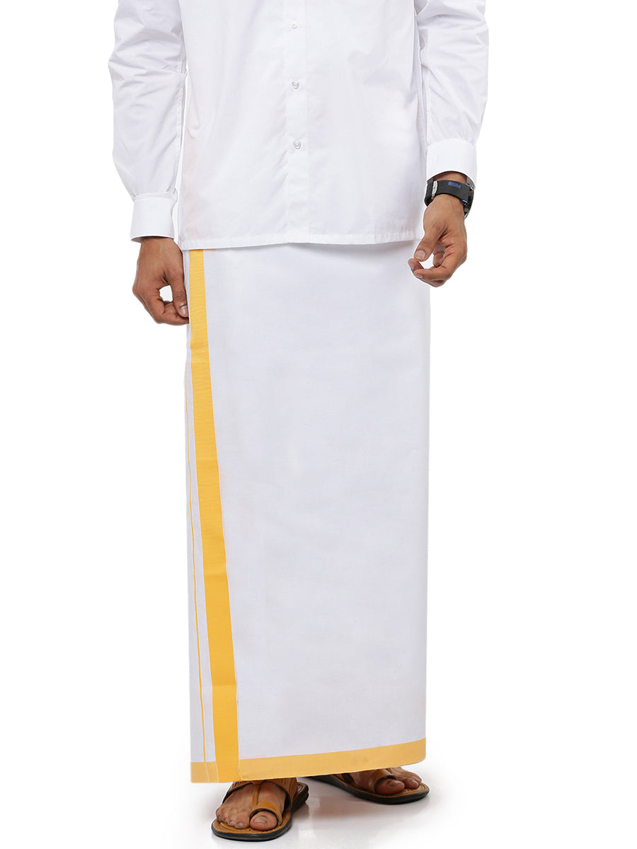 Mens Double Dhoti White with Fancy Border Redfort Special Yellow