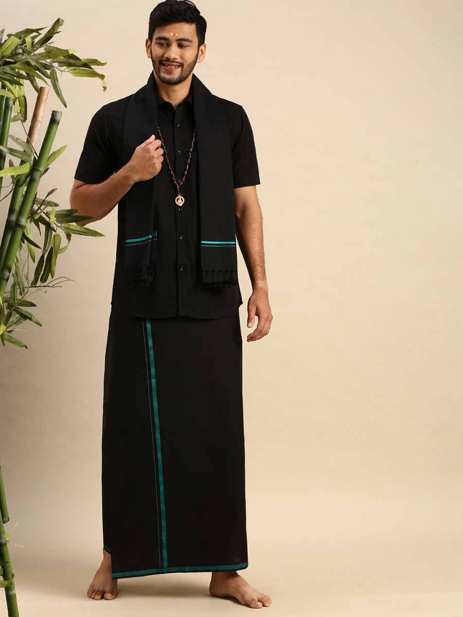 Men Devotional Dhoti Shirt & Towel Set Black