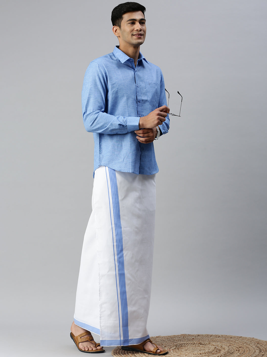 Mens Matching Border Adjustable Dhoti & Full Sleeves Shirt Set Blue CC9-Side alternative view