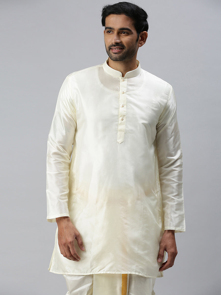Mens Silk Mixed Medium Length Cream Kurta