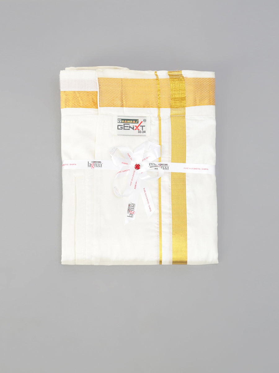 Mens Readymade Pure Silk Cream Double Dhoti 60K-full set view