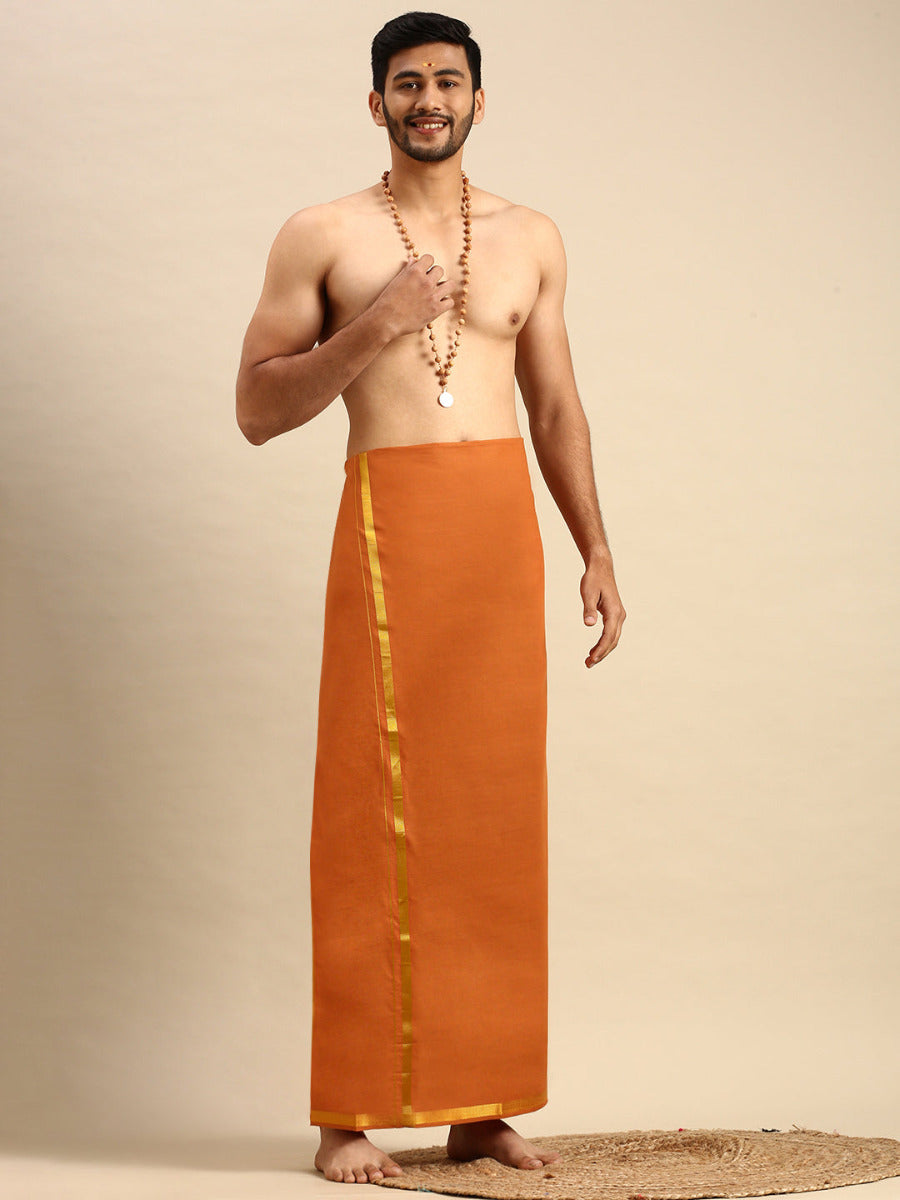 Mens Devotional Color Dhoti with 3/4" Gold Jari Border Cosmic Kavi-Front view