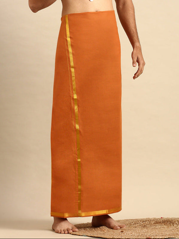 Mens Devotional Color Dhoti with 3/4" Gold Jari Border Cosmic Kavi-Front view