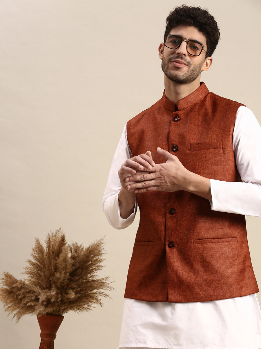 Mens Ethnic Jacket Brown DW7-Front view