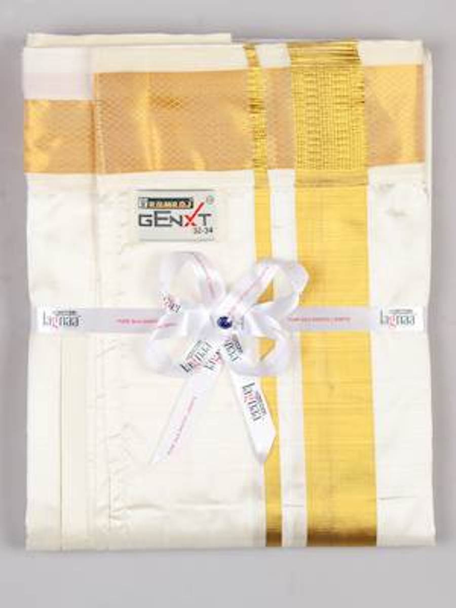 Mens Readymade Cream Double Dhoti Pure Silk 70K with Gold Jari 2"-Full set view