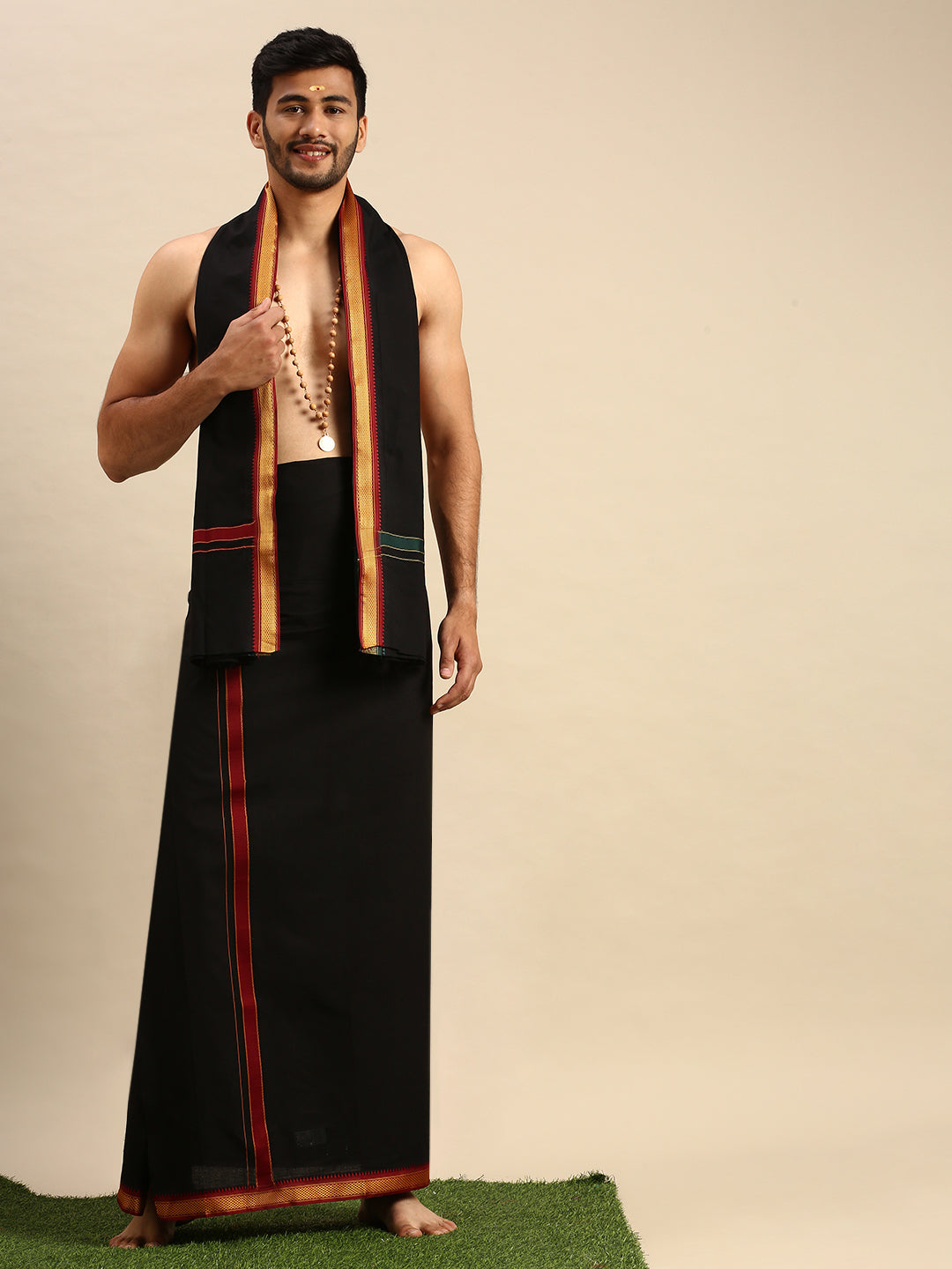 Men 100% Cotton Single Layer Black Dhoti & Towel Set with Mayilkhan Border Brindhavan