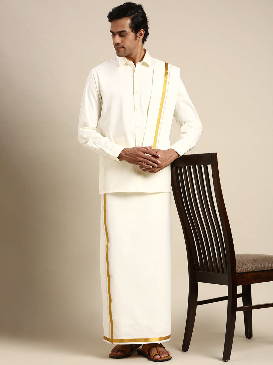 Premium Wedding Cream Adjustable Dhoti,Shirt & Towel Set Genxt Version