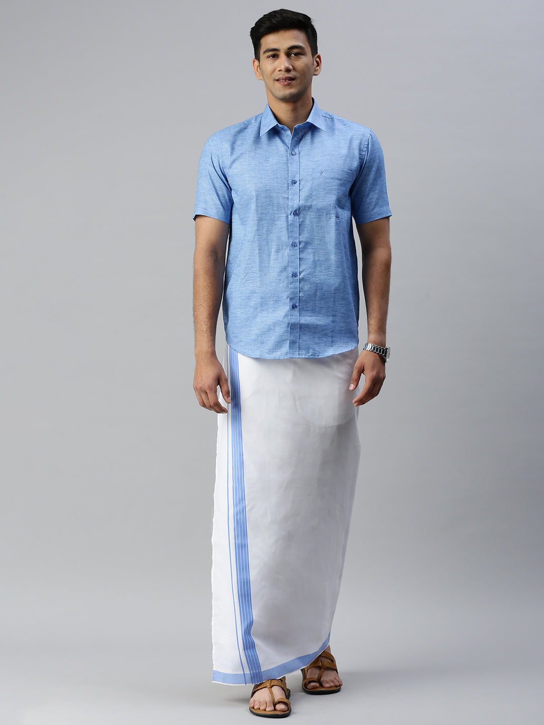 Mens Matching Border Adjustable Dhoti & Half Sleeves Shirt Set Blue CC9-Front view