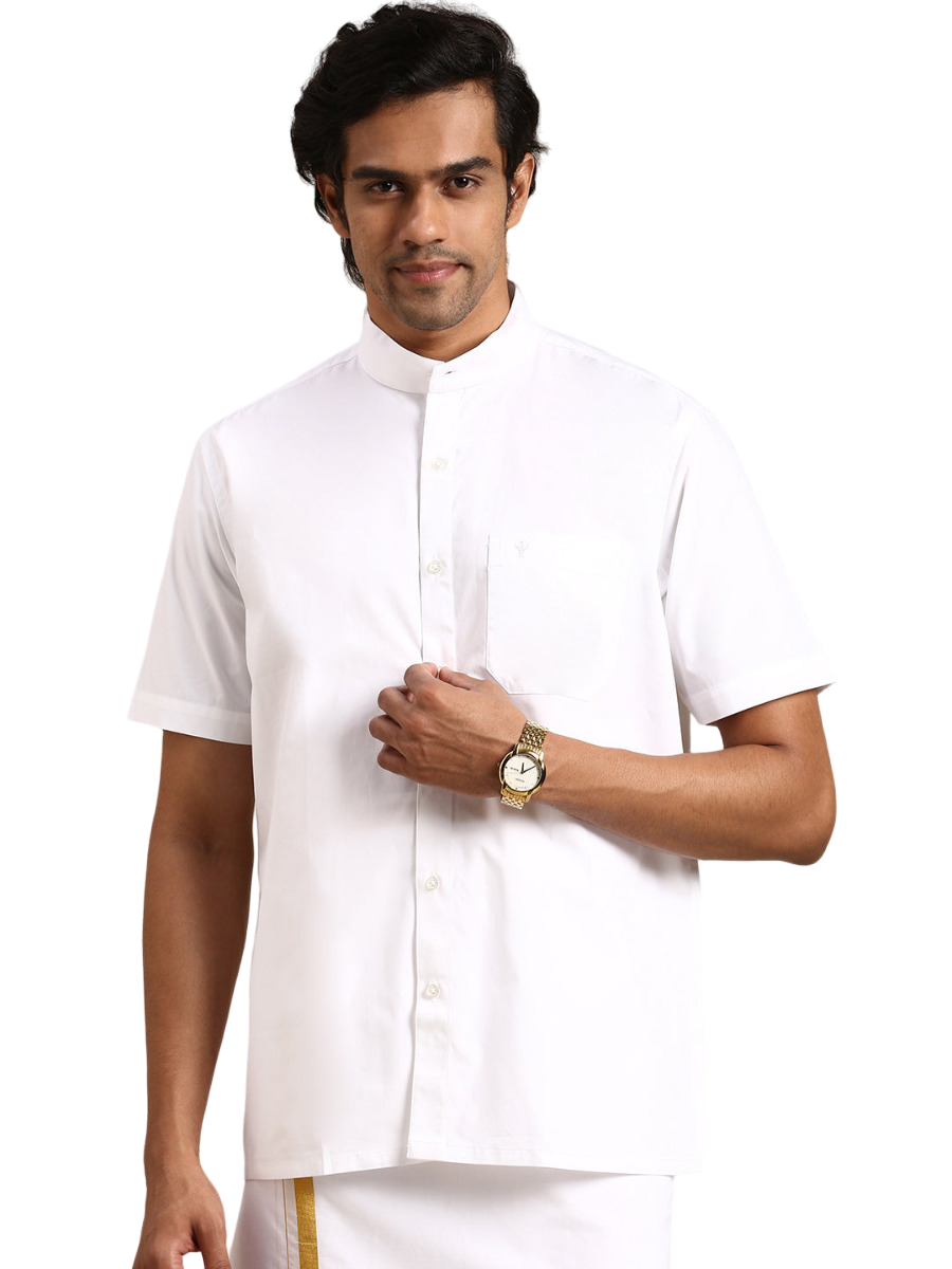 Mens 100% Cotton White Shirt Half Sleeves Chinese Collar