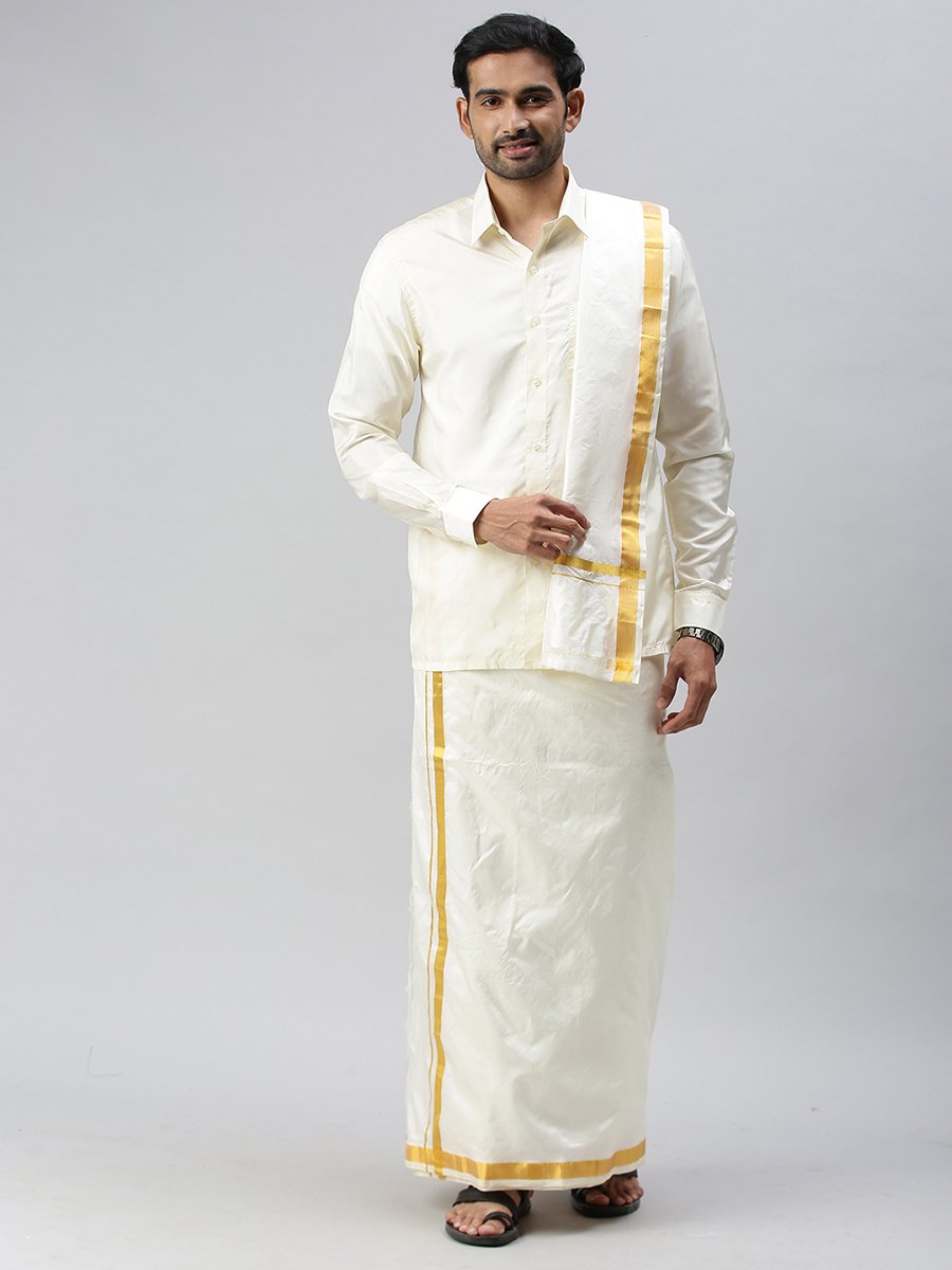 Mens Pure Silk Cream Wedding Set 1" Dhoti+Towel+Shirt Bit Rajahamsa