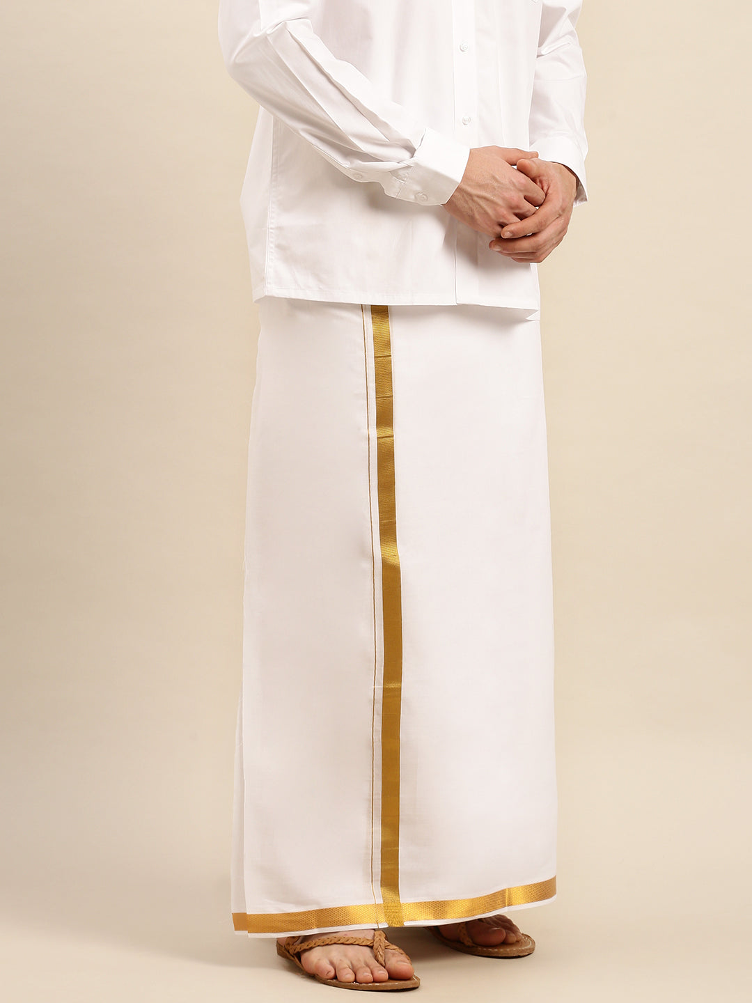 Mens Double Dhoti with Gold Jari 1" Crimson-Side view