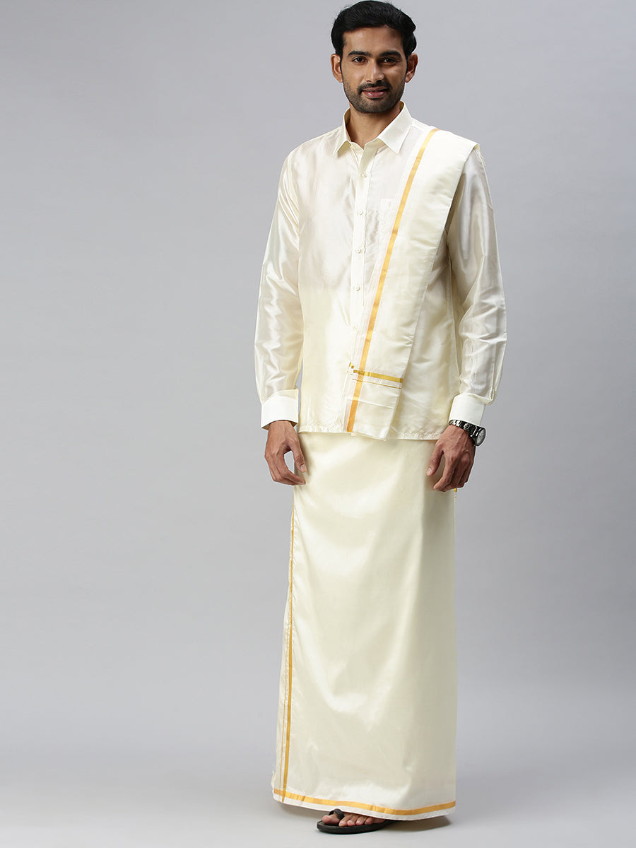 Mens Readymade Cream Dhoti + Towel Set Silk with Gold Jari 3/4" Genxt Silk Set-full view