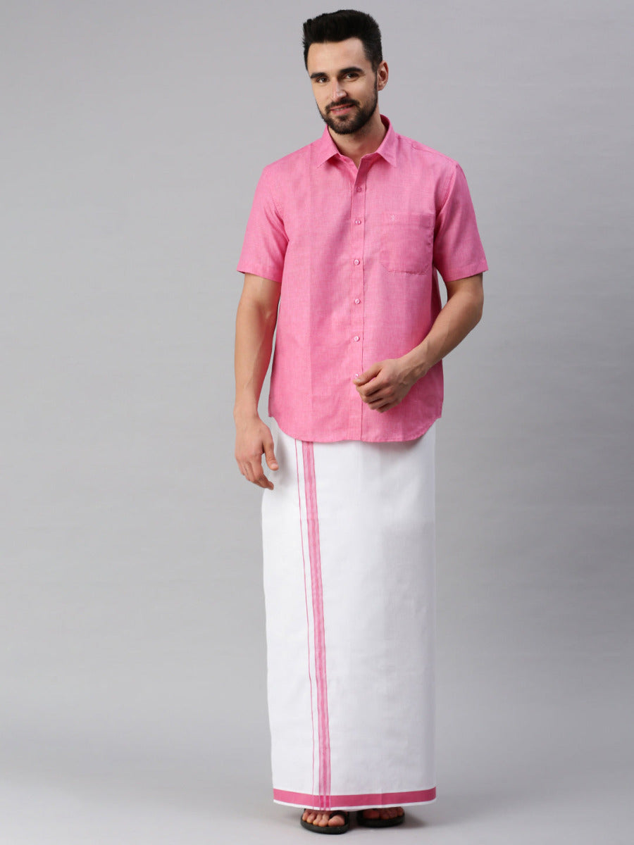Mens Matching Border Dhoti & Half Sleeves Shirt Set Trendy CC10-Front view