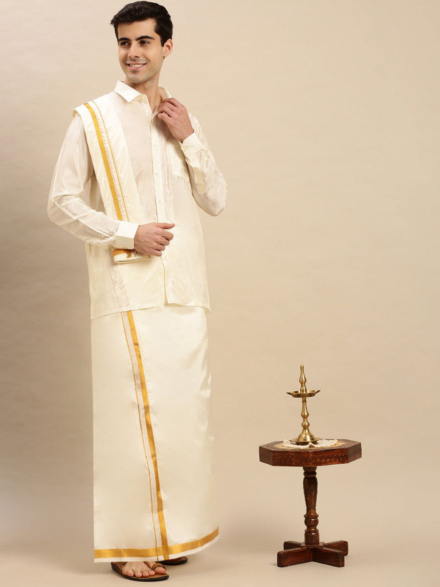 Wedding Soft Silk Dhoti With Full Sleeve Shirt & Towel Set Parinayam