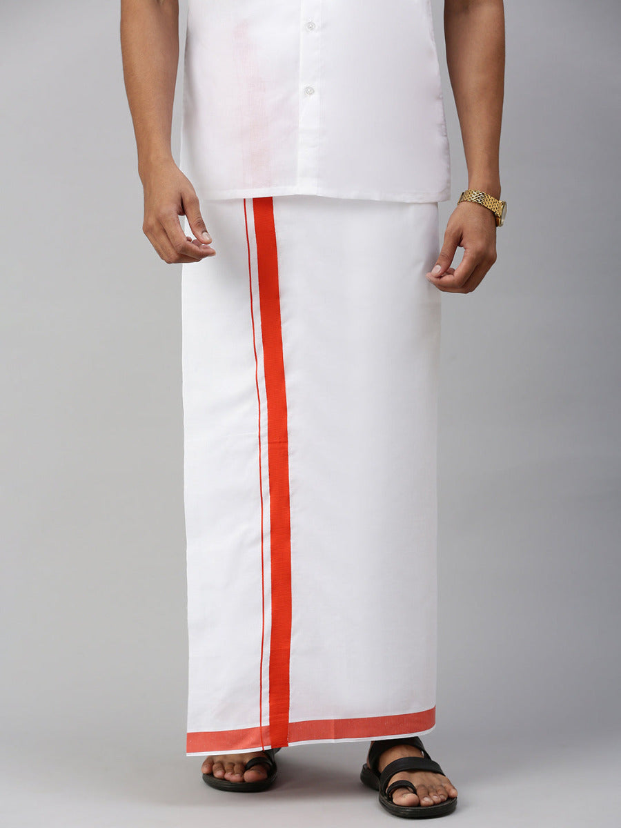 Men Cotton Blend Single Layer White Dhoti with Big Border 04