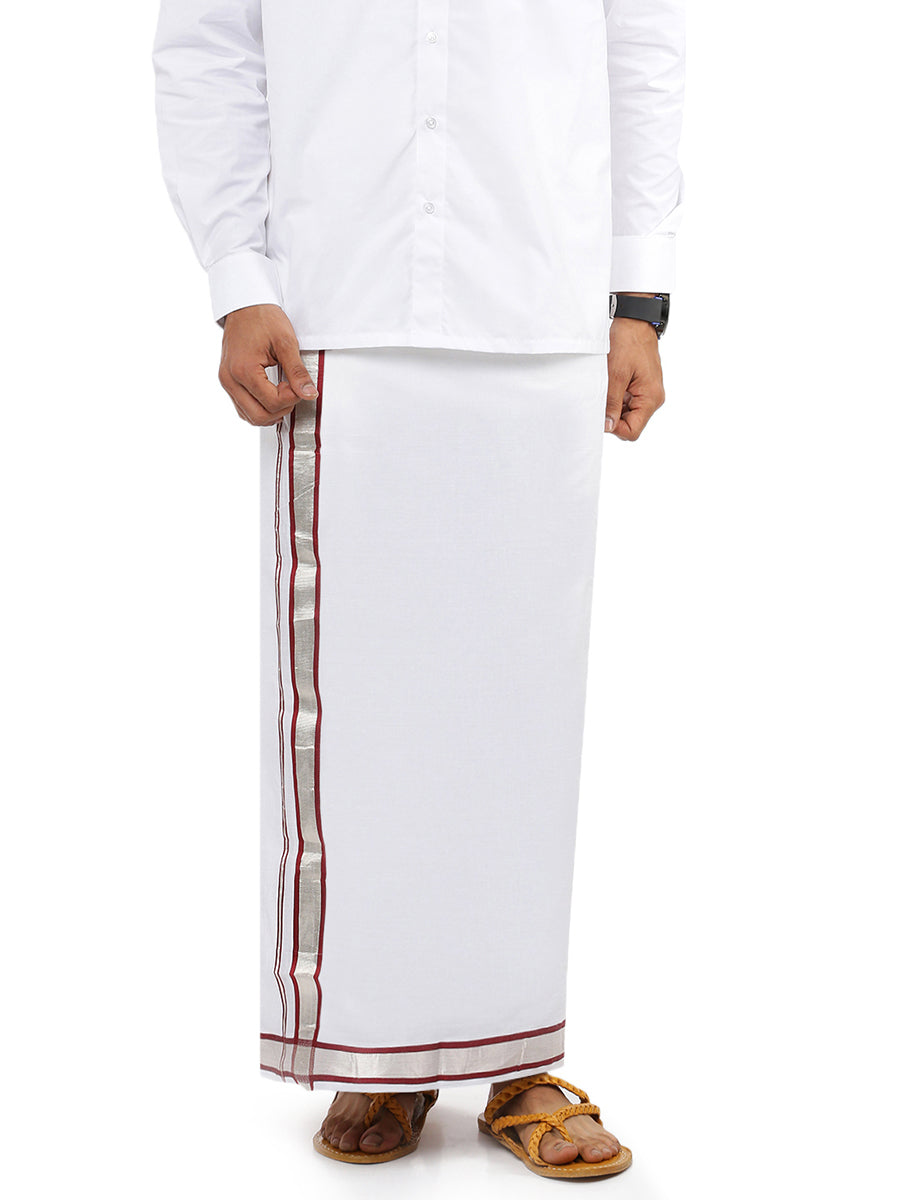 Men Double Layer Dhoti White with Fancy Border Silver Cotton 5051 Red Silver