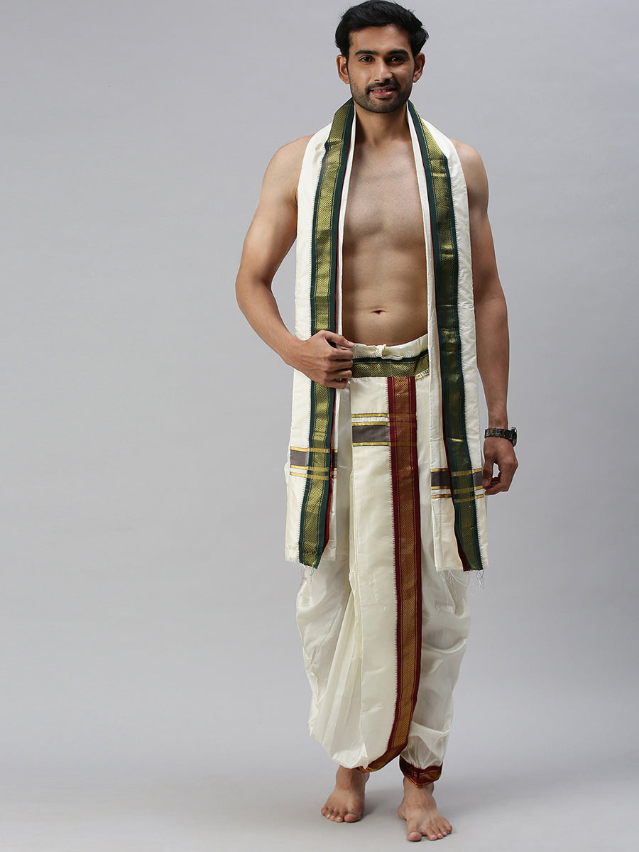Men Pure Silk 9K Mayilkhan Dhoti & Towel (8+4) Thirukalyan