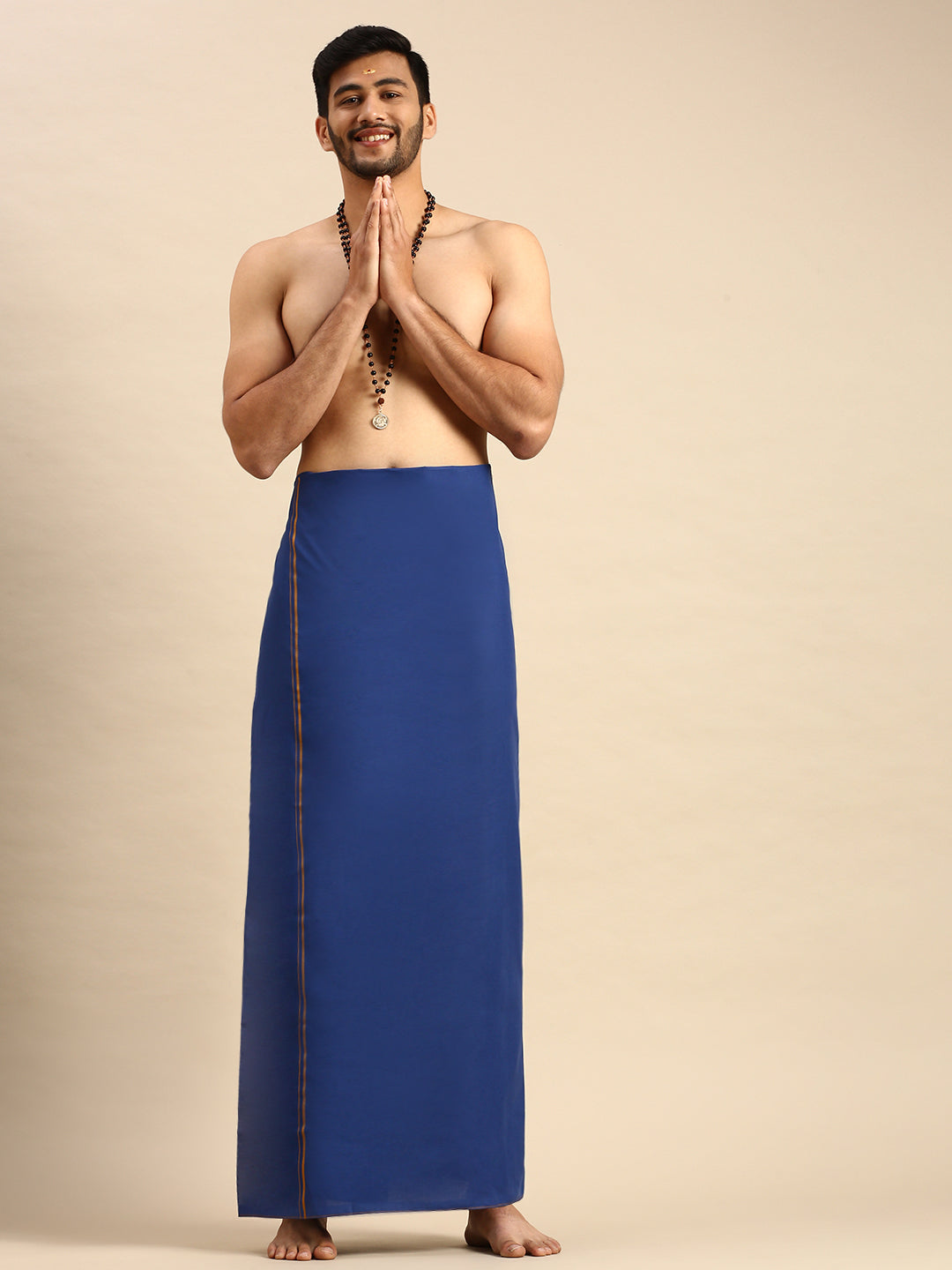 Men 100% Cotton Single Layer Blue Dhoti with Assorted Border Sudhan