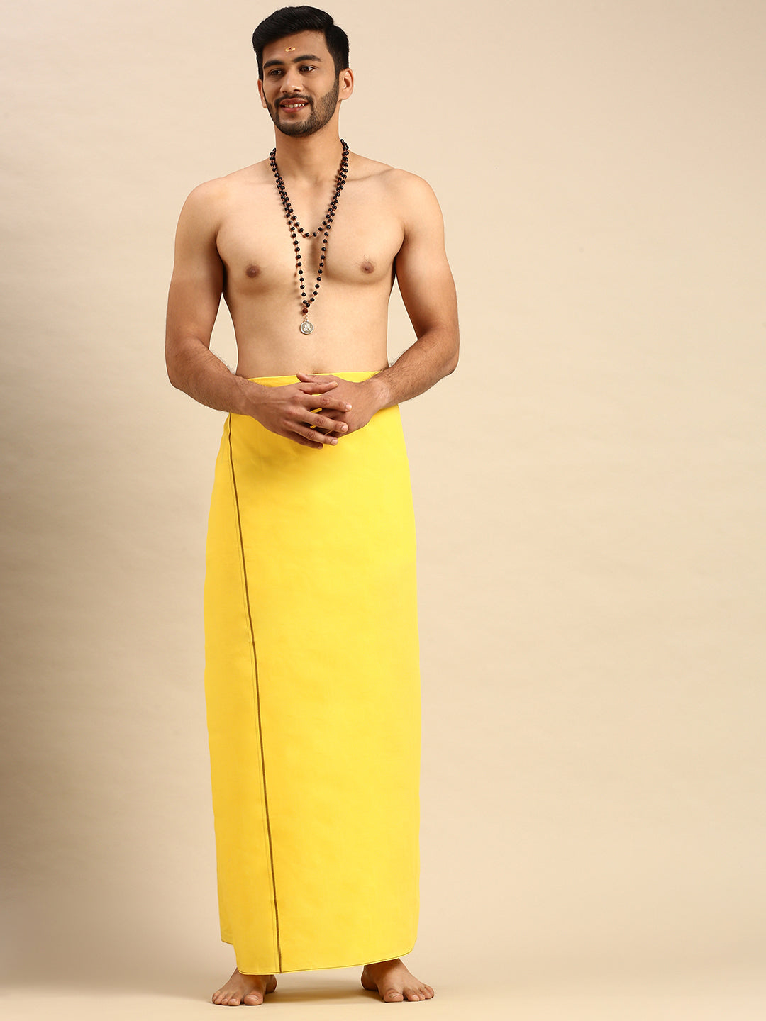 Mens Color Dhoti with Small Border Golden Yellow-Front view
