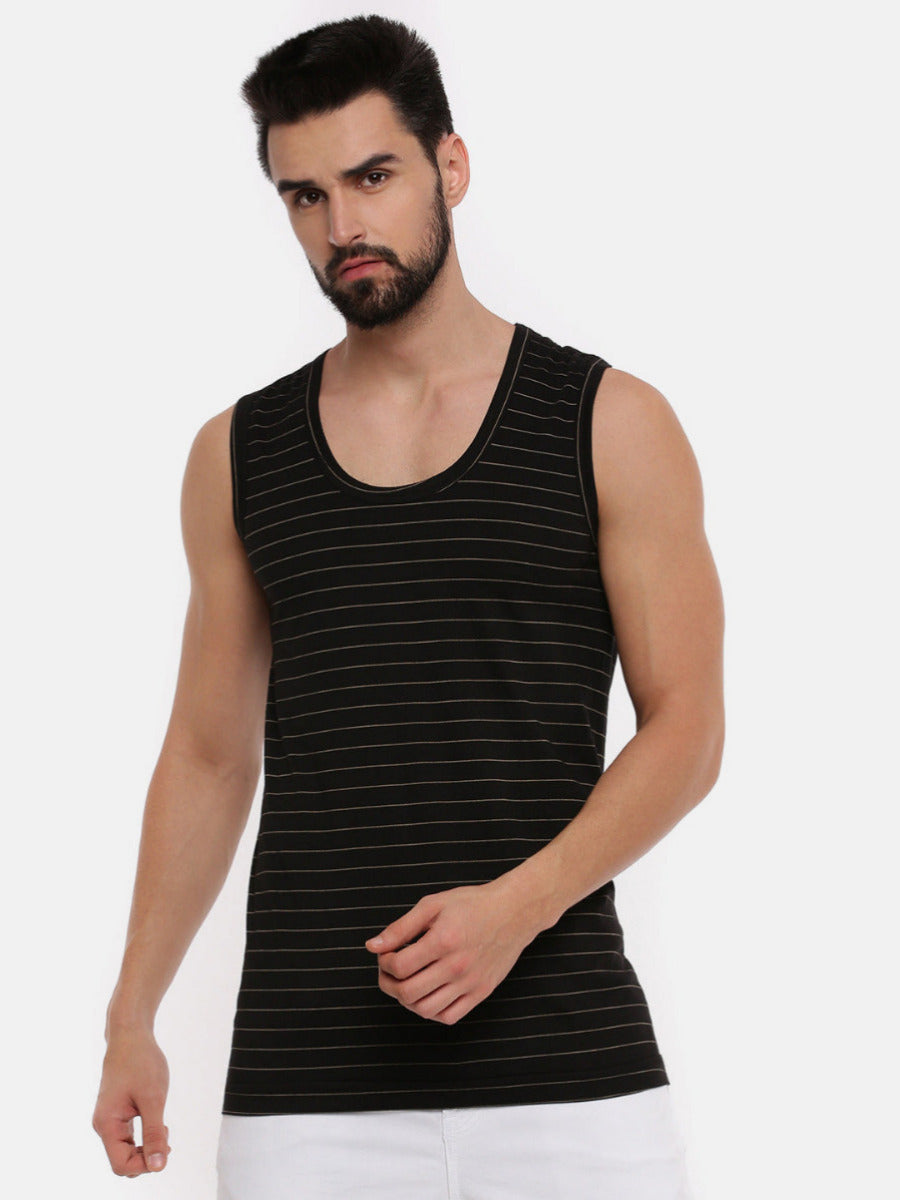 Combed Cotton  Colour Win Striped Banian ( 2 Pcs Pack )-Black