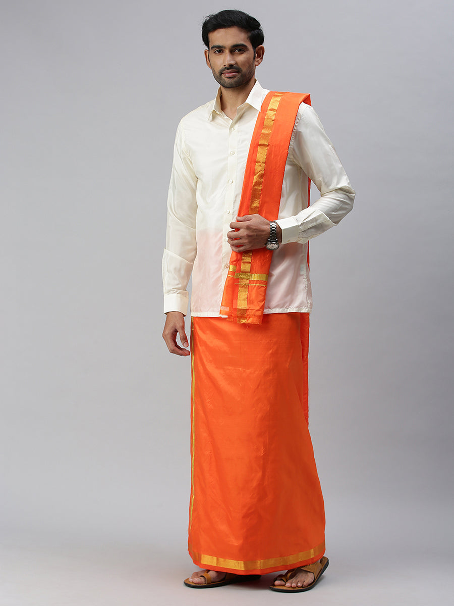 Mens Pure Silk 1" Double Dhoti & Towel Thirukalyan Orange-Full view