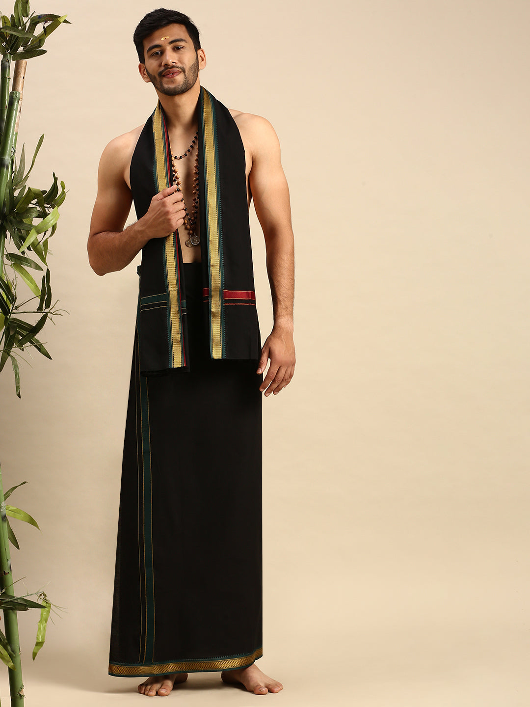Men 100% Cotton Single Layer Black Dhoti & Towel Set with Mayilkhan Border Brindhavan