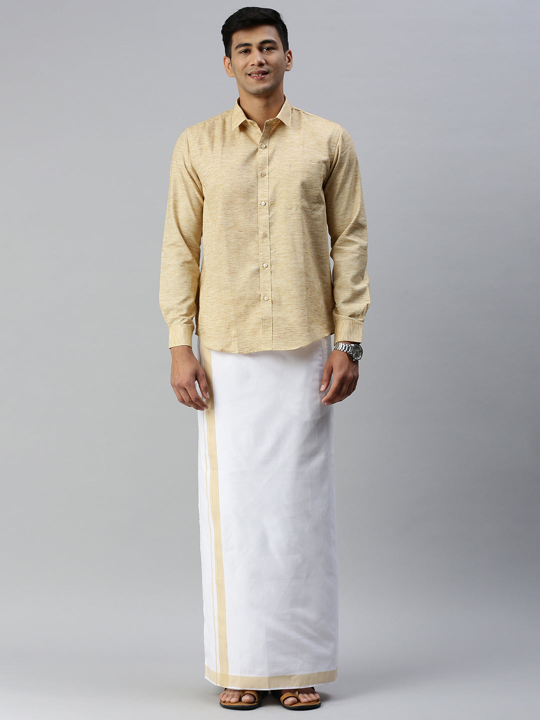 Mens Matching Border Adjustable Dhoti & Full Sleeves Shirt Set CC1