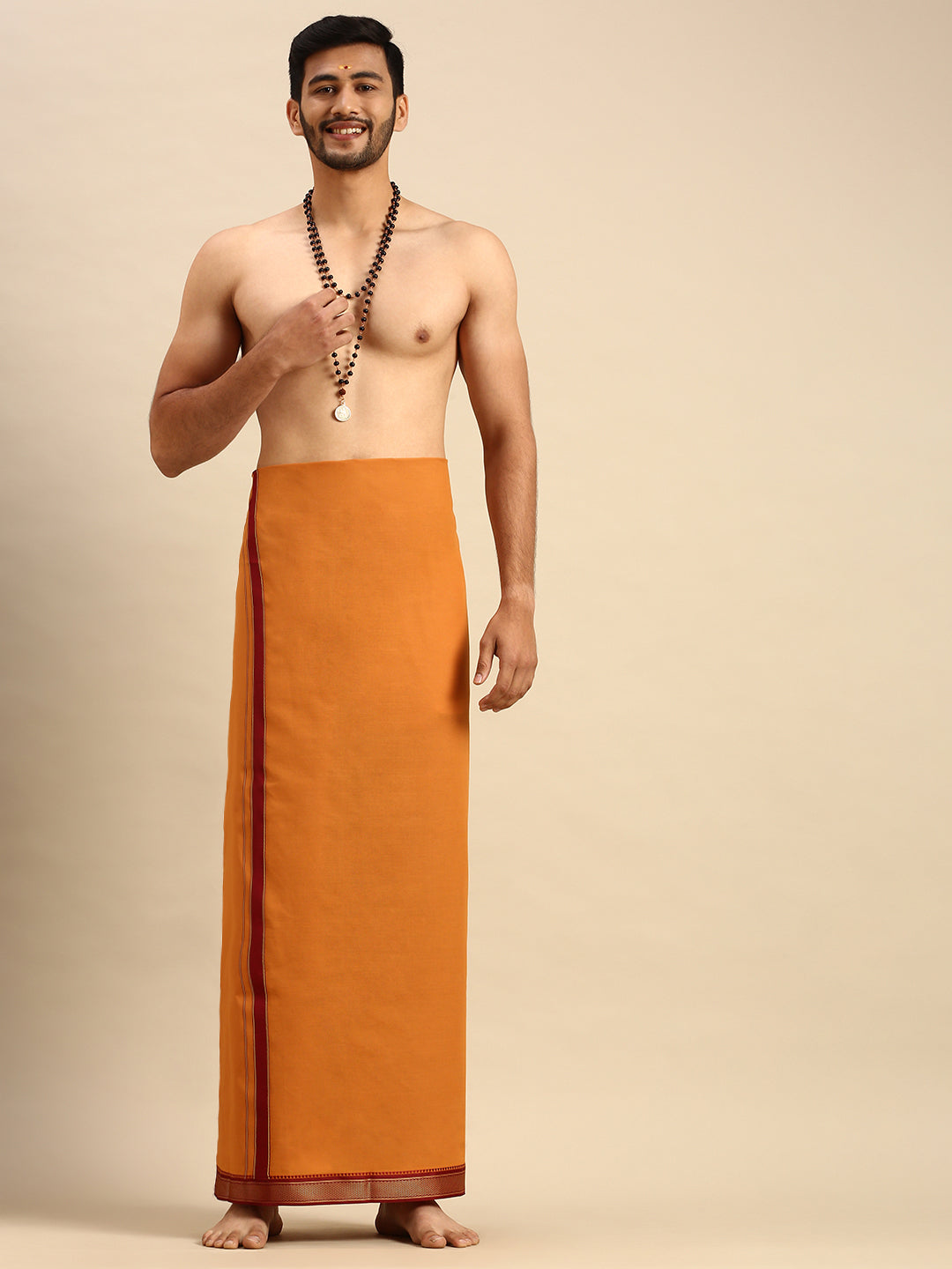 Men 100% Cotton Single Layer Kaavi Dhoti & Towel Set with Mayilkhan Border Brindhavan