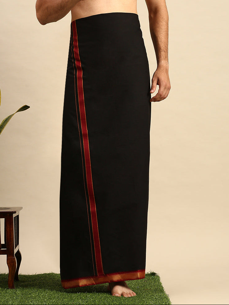 Men 100% Cotton Single Layer Black Dhoti with Mayilkhan Border Brindhavan