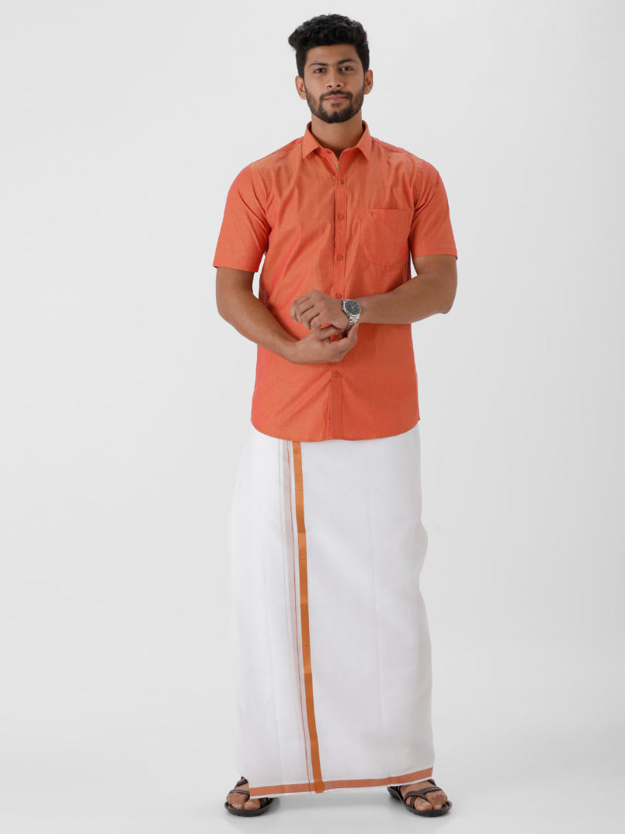 Mens Cotton Copper Colour Half Sleeves Shirt & Double Dhoti with Copper Jari Combo